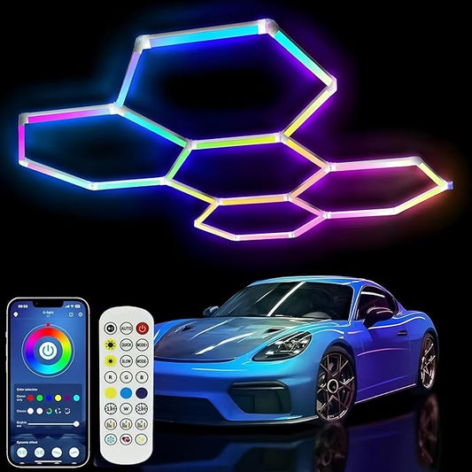 25Pack RGB Hexagon led Garage Lights,5Hexagon Light with Multi Color,Dimmable&Speed Adjustable RGB Hex Wall Lights,DIY Design for Remote Control & Smart App Control Music Modes
