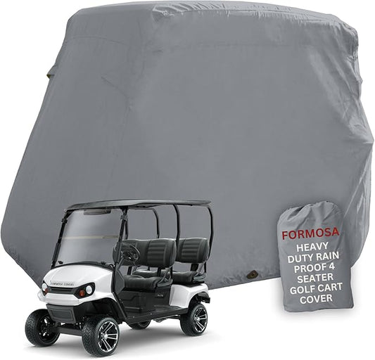 Formosa Covers Deluxe Golf Cart Cover 4 Passenger Extended Roof Premium Golf Cart Accessories All Weather fits 80" Roof 112" L Body EZGO, Club Car, Evolution, Yamaha G, GEM e2 - Grey