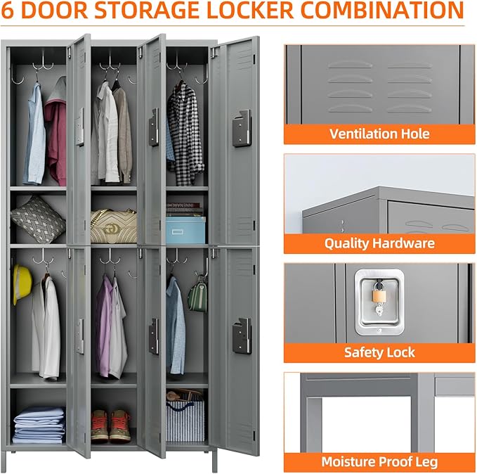 METAN Metal Locker for School Office Gym Bedroom,6 Doors Steel Storage Locker Cabinet for Employees,Industrial Storage Locker with 1 Shelves,Assembly Required (6 Door-Light Gray)