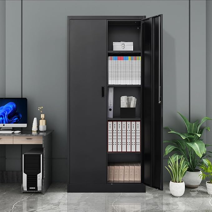 CJF Metal Storage Cabinet, 71" H Locking Cabinet with 5 Adjustable Shelves for Garage, Classroom, School, Home, Office, Pantry-Black