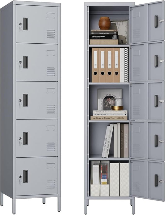 Aobabo 16" W 5 Door Metal Storage Locker with Lock, 66" H Steel Locker with Name Card Holder and Metal Leg for School, Home, Office, Playroom, Assembly Required, Dark Grey