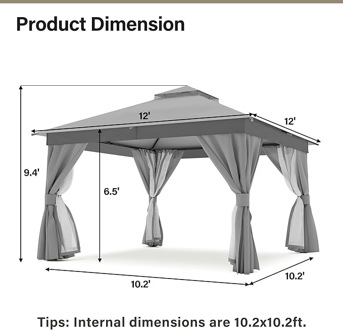 12'x12' Outdoor Gazebo with 100FT String Lights, Metal Heavy Duty Patio Canopy - Image 2