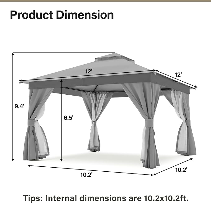 12'x12' Outdoor Gazebo, Heavy Duty Metal Frame Patio Canopy - Image 2