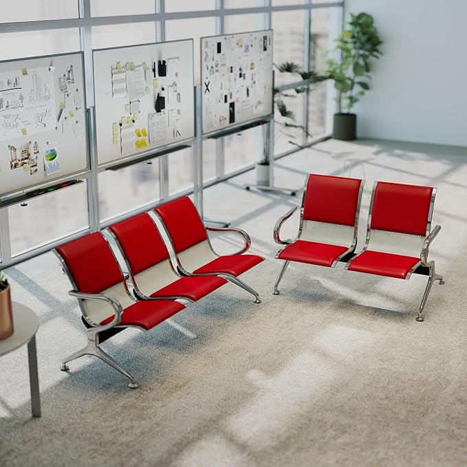 Kinfant 5-Seat Waiting Room Chairs with Arms – Heavy-Duty Steel Frame PU Leather Back & Cushioned Seat, Ergonomic Office Reception Guest Chair for Lobby, Clinic, Airport, Red
