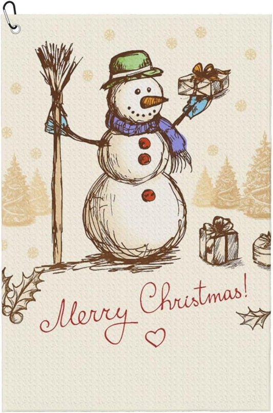 Christmas Snowman and Gift Golf Towel Waffle Microfiber with Hook Detachable Clip 24x16in
