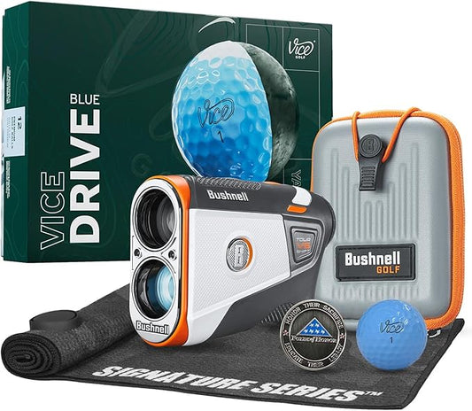 Bushnell Golf Tour V6 Shift Laser Rangefinder with Vice Balls | Slope Compensation, PinSeeker, Magnetic Mount, 1300 YD Range, 6X Magnification | Signature Series Golf Towel