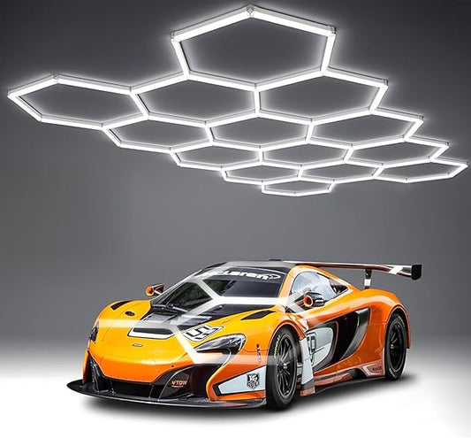 58Lights LED Hexagon Honeycomb Lights,14-Hex Honeycomb Lights 68800Lumens Hexagon DIY Super Bright Car Detailing Ceiling 688W LED Shop Light for Warehouse Workshop Gym Basement