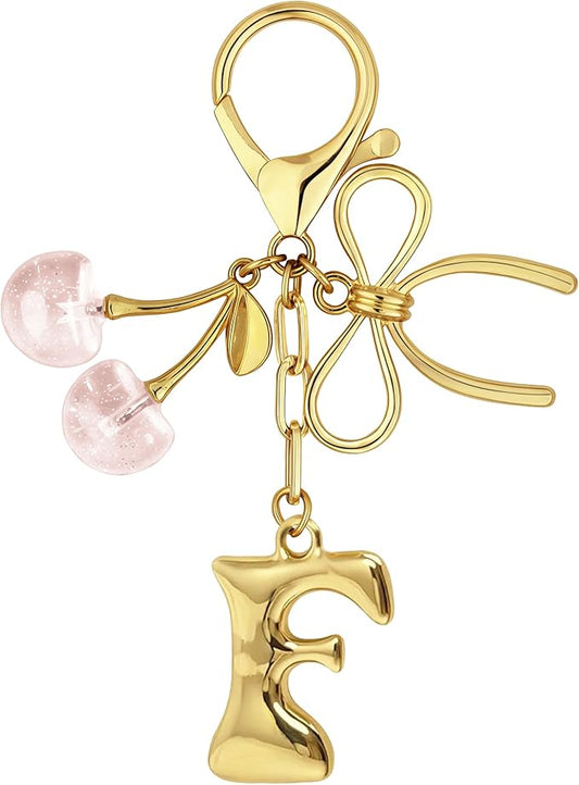 Gold Bubble Heart, Cherry, Bow & More Designs Letter Initial Keychain Bag Charms – Cute Purse Charms for Handbags