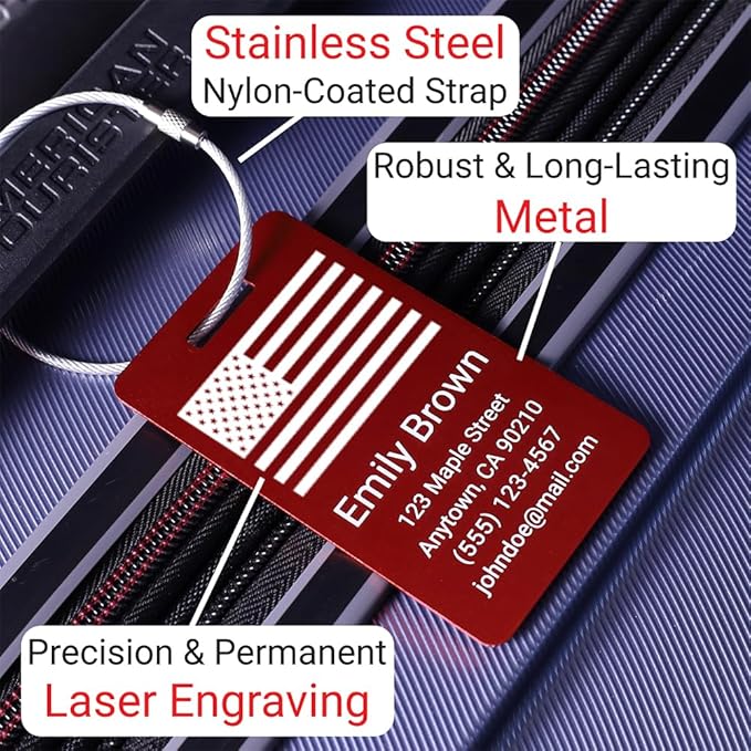 Personalized Luggage Tags for Suitcases 4 Pack – Custom Metal Name Tag for Travel, Golf Bag, and Baggage – Durable Aluminum Luggage Name Tags (Adventure Collection, Black)