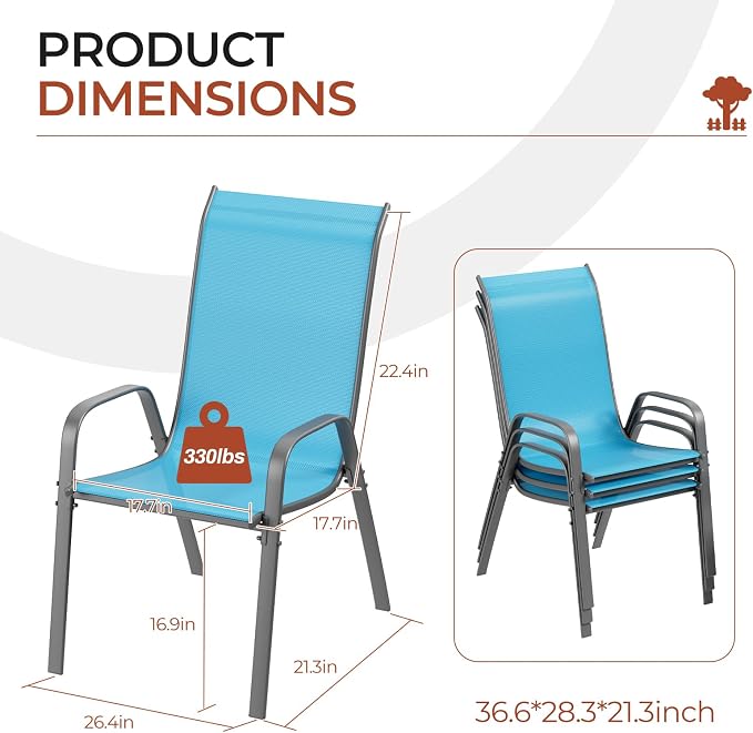 TLSUNNY Patio Chair, Outdoor Stackable Textilene Chairs Set of 8, Sky Blue | - Image 2