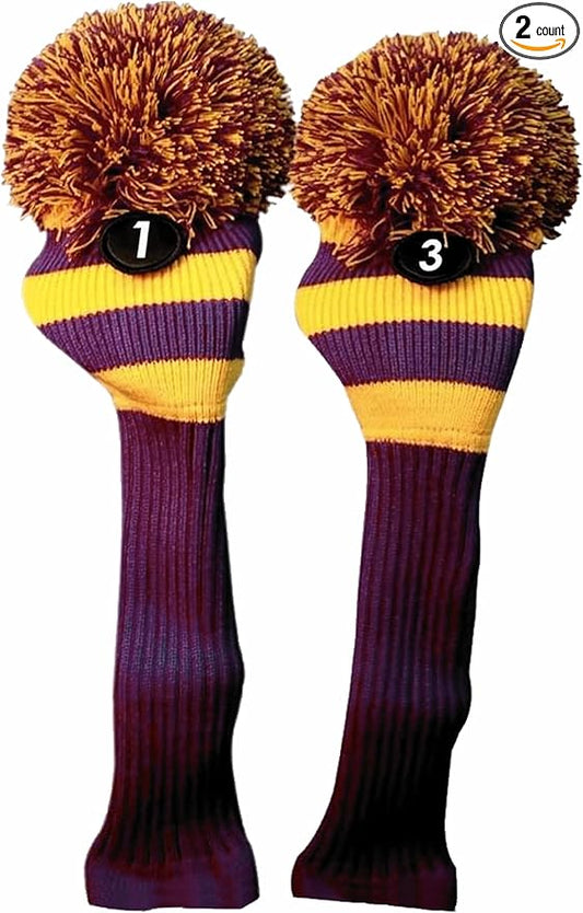 Majek Golf Club 1 3 Yellow and Purple Limited Edition Driver and Fairway Wood Head Covers Fits 460cc Drivers Tour Knit Retro Vintage Pom Classic Long Neck Metal Longneck Woods Headcovers