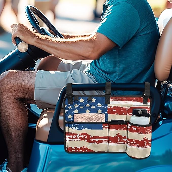 American Flag Golf Cart Bag, Golf Cart Rear Seat Organizer with Open Pockets for Golf Balls & Bottles