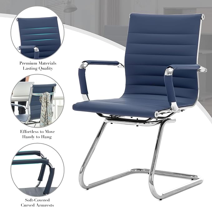 CIMOTA Waiting Room Chairs Leather Office Guest Chair Mid Back Reception Chairs with Sled Base for Meeting/Patient/Conference Room, Navy Set of 6