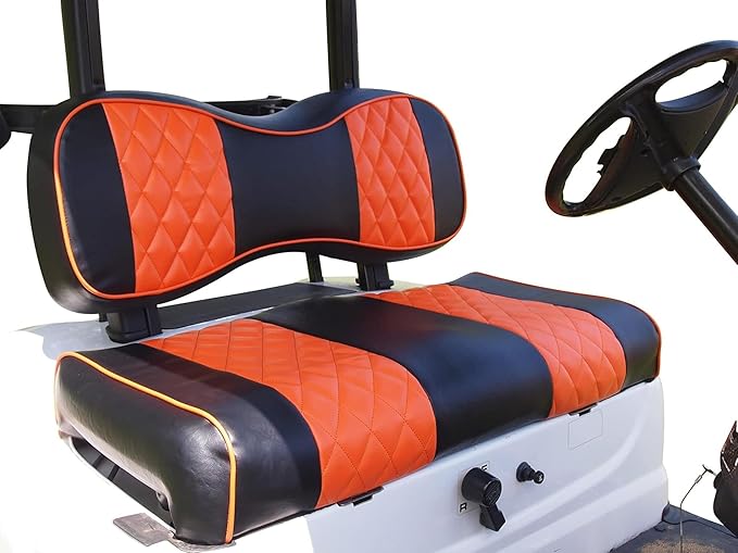 Huskey 2PCS Golf Cart Front Seat Covers for for EZGO Freedom TXT 2014+, Valor Custom Two-Tone Black/Orange Diamond Stitching with Orange Piping, Marine Grade Vinyl Material, Staple on Design