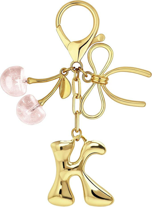 Gold Bubble Heart, Cherry, Bow & More Designs Letter Initial Keychain Bag Charms – Cute Purse Charms for Handbags