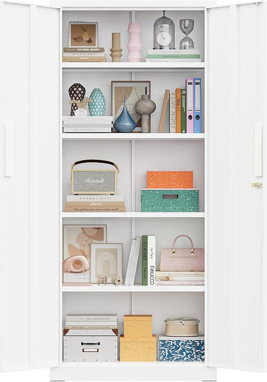 Greenvelly 63" H Metal Storage Cabinet White, Locking Metal Cabinet, Store Tools, Clothes, Tableware and Toiletries, Garage Cabinets with Adjustable Shelves for Office, Home, Garage, Pantry