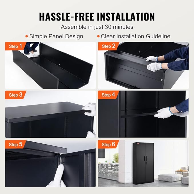 VEVOR Metal Storage Cabinet, Steel Locking Storage Cabinet with 2 Magnetic Doors and 4 Adjustable Shelves, 71'' Metal Cabinet 200 lbs Capacity per Shelf with 3 Keys, for Office, Home, Garage, Black