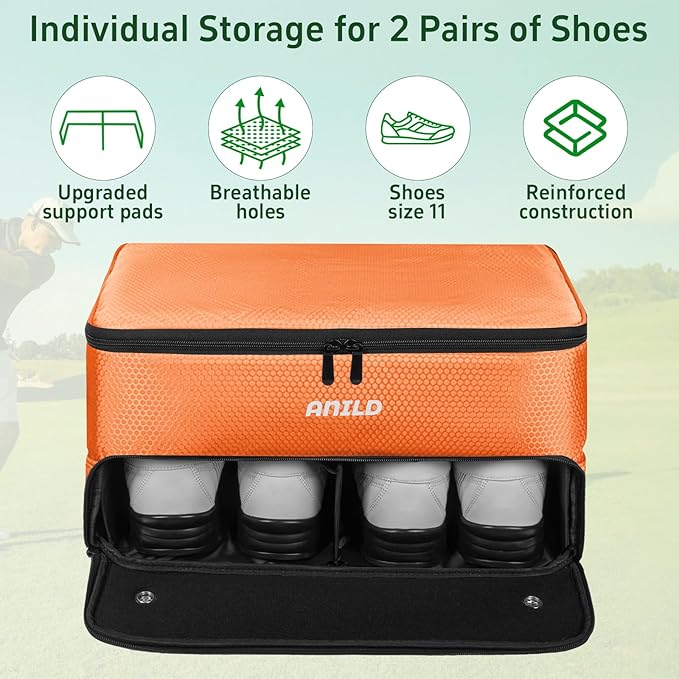 ANILD Golf Trunk Organizer, 2 Layer Golf Storage Case with Separate Ventilated Compartment for 2 Pair Shoes, for Balls, Tees, Clothes, Gloves, Accessories, Golfer Gifts