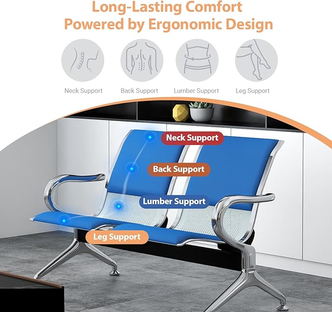 Kinfant 8-Seat Waiting Room Chairs with Arms – Heavy-Duty Steel Frame PU Leather Back & Cushioned Seat, Ergonomic Office Reception Guest Chair for Lobby, Clinic, Airport, Blue