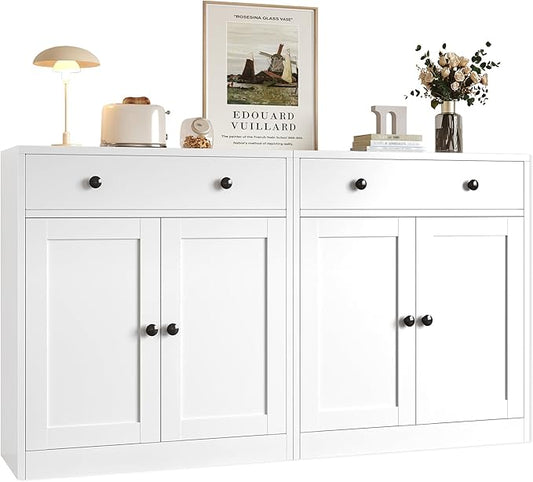BESFUR Buffet Metal Cabinet with Storage 32”,White Sideboard Farmhouse Storage Cabinet with Adjustable Shelves, 2 Drawer and 4 Doors for Entryway Living Room, Bathroom, Kitchen,Home Office,Apartment