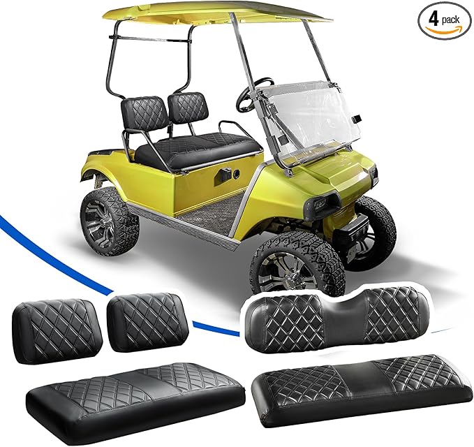 NOKINS 4PCS Golf Cart Seat Covers Kit, Front and Rear Seat Covers Fits Club Car DS Pre-2000 Standard Seat Cushion, Club Car DS Vinyl Seat Covers Accessories(Black&Black Stitching)