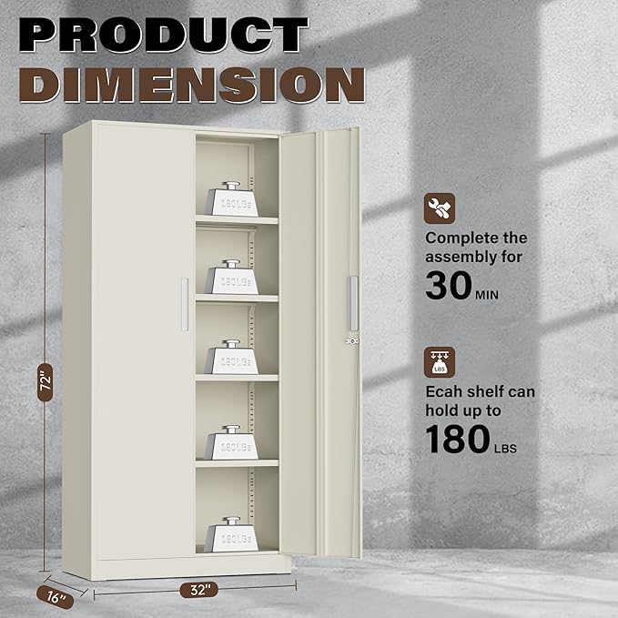 Incbruce 72” Metal Storage Cabinet, Locking Steel Storage Cabinets with 2 Doors and 4 Adjustable Shelves, Tall Lockable Tool Storages for Garage, Home, Office (Grey)