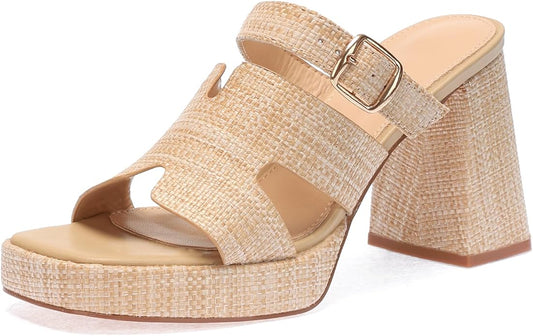 Monrovia Womens Sandals Heels for Women Slide On Block Chunky Platform High Heels Open Toe Raffia Wedge Sandals