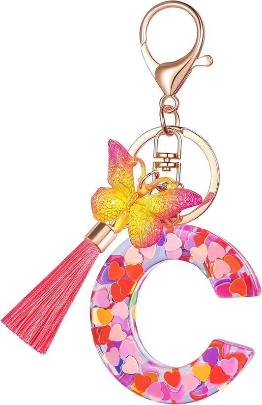 Suweibuke Colourful Cute Initial Letter Keychains for Women Girls with Tassel Butterfly, Charm for Purse Handbags Backpacks