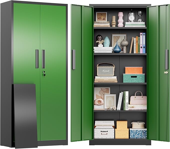 Greenvelly Metal Pantry Cabinet, 63”Tall Kitchen Pantry Storage Cabinets with 2 Lock Doors and 4 Adjustable Shelves for Home Office, Dinning Room,Garage(Black Green)