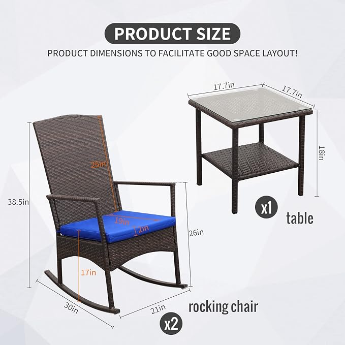 Outdoor PE Wicker Rocking Chair 3-Piece Patio Rattan Bistro Set 2 Rocker - Image 3
