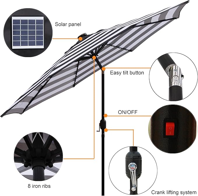 9 ft Solar Umbrella 32 LED Lighted Patio Umbrella Table Market Umbrella - Image 2