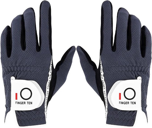 FINGER TEN Premium Rain Grip Men's Golf Gloves 1 Pair, Hot Wet Weather No Sweat Glove for Serious Feel & Performance, Left Right Hand Black Gray White Blue Fit Size S M L XL 2XL 3XL