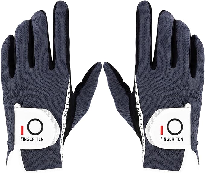 FINGER TEN Premium Rain Grip Men's Golf Gloves 1 Pair, Hot Wet Weather No Sweat Glove for Serious Feel & Performance, Left Right Hand Black Gray White Blue Fit Size S M L XL 2XL 3XL