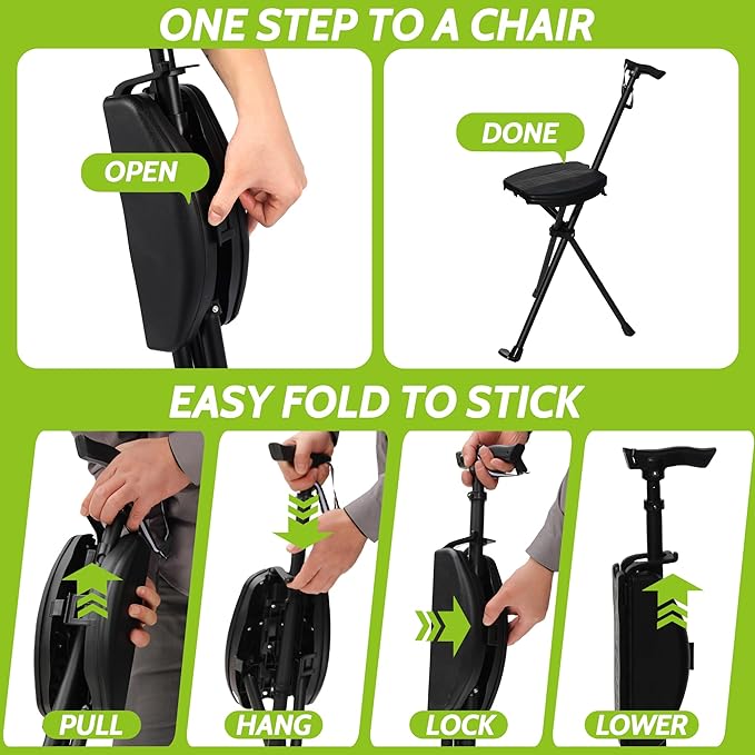 Portable Walking Stick with Cushion, Adjustable Height Cane with Seat, Portable Cane Stool, Lightweight Aluminum, Capacity 550 Lbs, for Camping, Hiking, Climb, Anti-Slip with Carry Bag