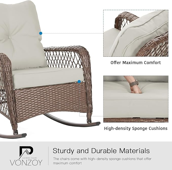 Patio Furniture Set 3 Pieces, Wicker Outdoor Rocking Bistro Set, Pale White | - Image 5