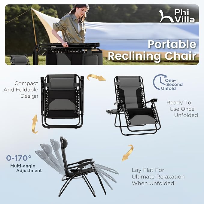 PHI VILLA Padded Zero Gravity Chair Set of 2, Cup Holder, 28in Seat, Supports - Image 8