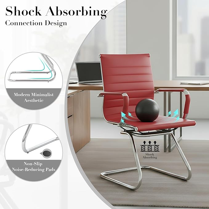 CIMOTA Waiting Room Chairs Leather Office Guest Chair Mid Back Reception Chairs with Sled Base for Meeting/Patient/Conference Room, Red Set of 2