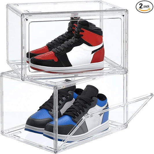 HIYOHIYO 2-Pack Acrylic Clear Stackable Shoe Boxes - 360 Clear Acrylic Display Shoes Boxes - Fully Transparent Display Box with Magnetic Door - Size 14