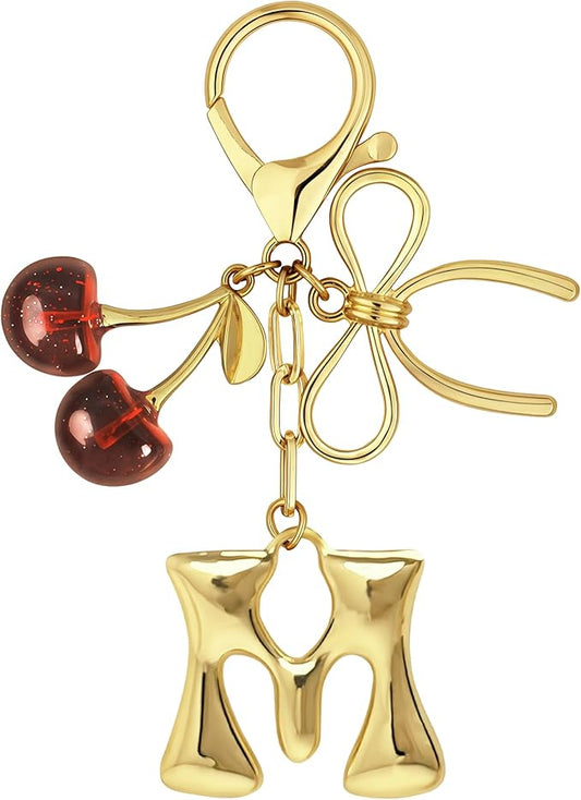 Gold Bubble Heart, Cherry, Bow & More Designs Letter Initial Keychain Bag Charms – Cute Purse Charms for Handbags