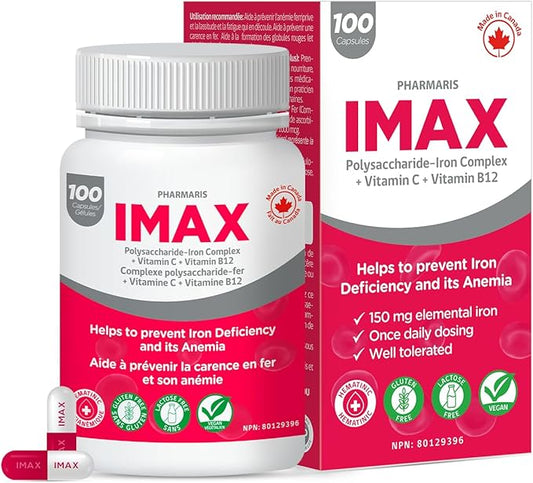 IMAX Iron Supplement 150 mg, Vitamin C 250 mg & B12 1000 mcg, Iron Supplement Treatment for Women & Men, Once Daily, 100 Capsules
