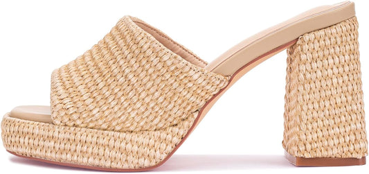 Monrovia Womens Sandals Heels for Women Slide On Block Chunky Platform High Heels Open Toe Raffia Wedge Sandals