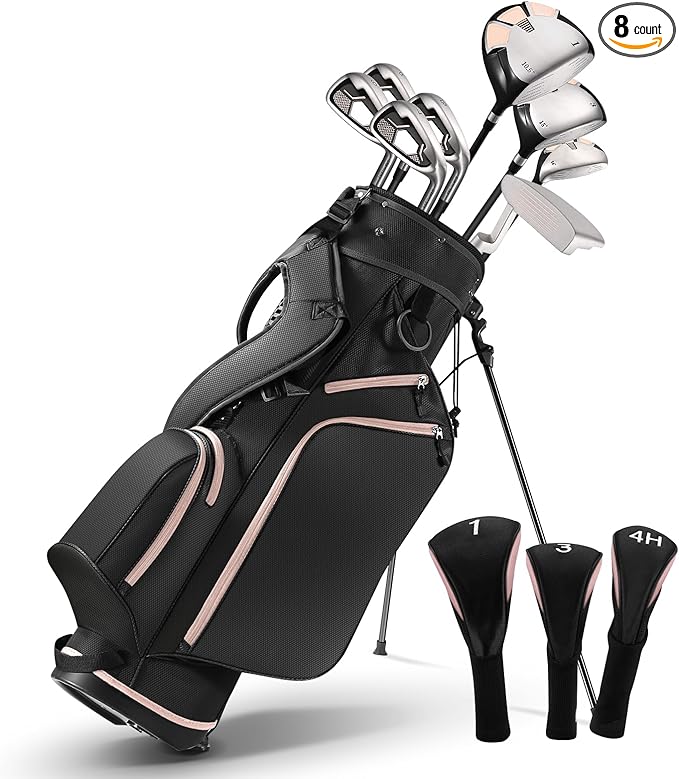 BODIOO Golf Clubs Set for Women 8 pcs, Ladies Complete Golf Club Set with Steel Shafts, Driver Fairway Wood Hybrid Irons Putter, Lightweight Deluxe Stand Bag & 3 Bonus Headcovers, Pink