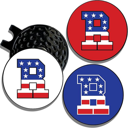Wolf Golf Towels Golf Ball Marker Hat Clip | USA Monogram | 1 Magnetic Clip + 3 Ball Markers | Patriotic Golf Accessories for Men & Women