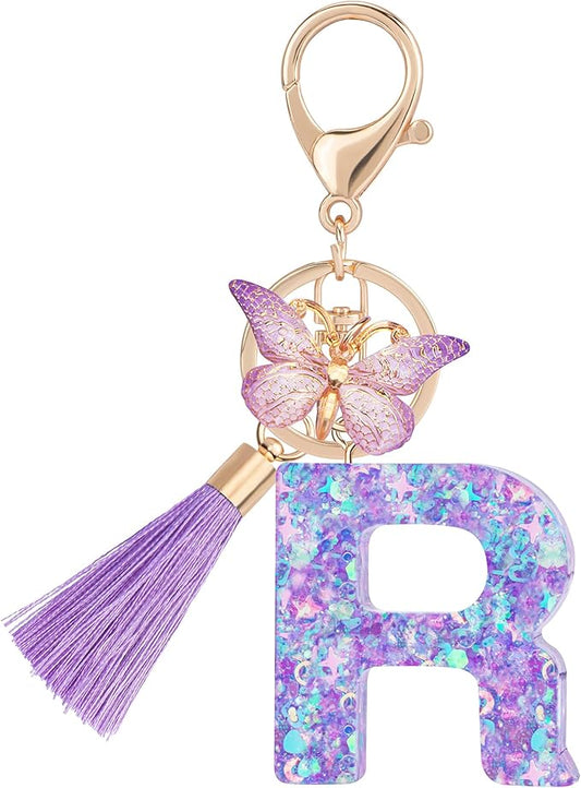 Suweibuke Colourful Cute Initial Letter Keychains for Women Girls with Tassel Butterfly, Charm for Purse Handbags Backpacks