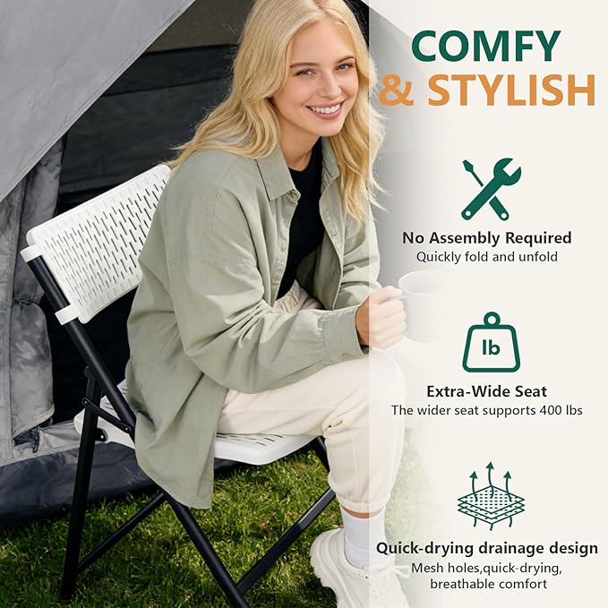 4-Pack White Folding Chairs, Mesh Plastic Seat - Image 4