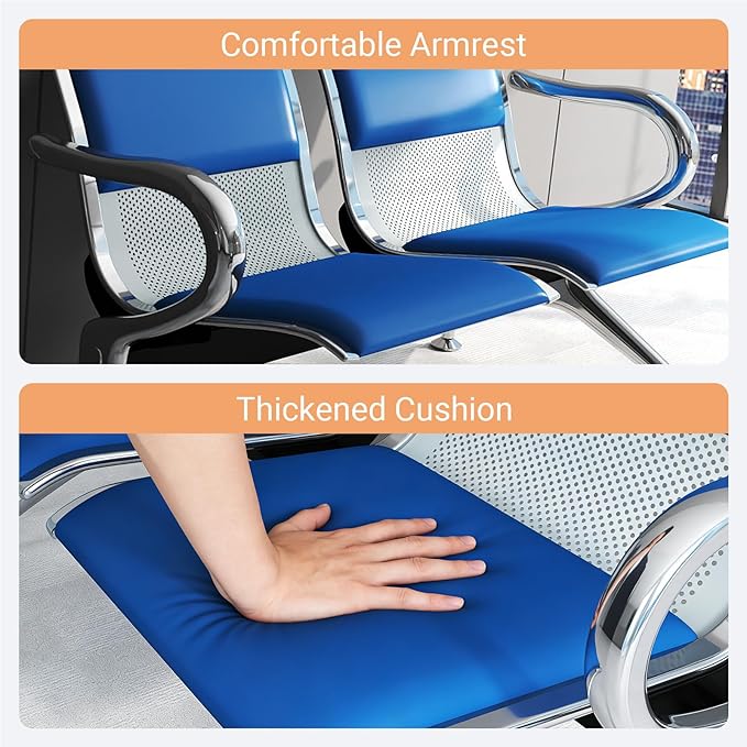 Kinfant 8-Seat Waiting Room Chairs with Arms – Heavy-Duty Steel Frame PU Leather Back & Cushioned Seat, Ergonomic Office Reception Guest Chair for Lobby, Clinic, Airport, Blue