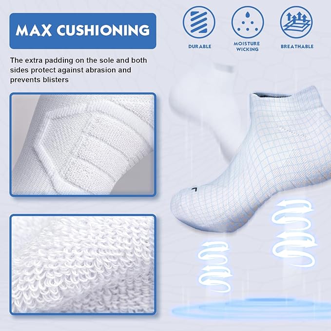 Hylaea Athletic Running Socks Cushion Padded Moisture Wicking Low Cut