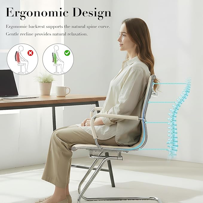 CIMOTA Waiting Room Chairs Leather Office Guest Chair Mid Back Reception Chairs with Sled Base for Meeting/Patient/Conference Room, White Set of 4