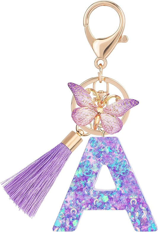 Suweibuke Colourful Cute Initial Letter Keychains for Women Girls with Tassel Butterfly, Charm for Purse Handbags Backpacks