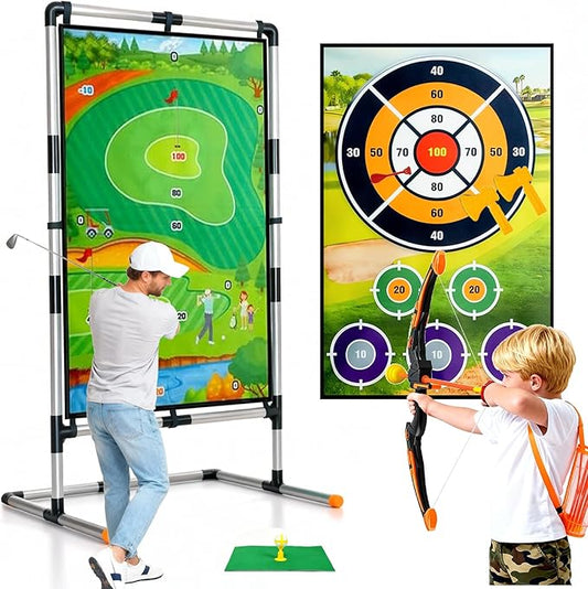 Golf Chipping Game Set with Stand,5-in-1 Portable Backyard Double-Sided Hitting Mat,with Sticky Balls,Archery,Axe & Dart,Golf Games for Family,Friends & Golfers,Indoor,Outdoor,Party Fun